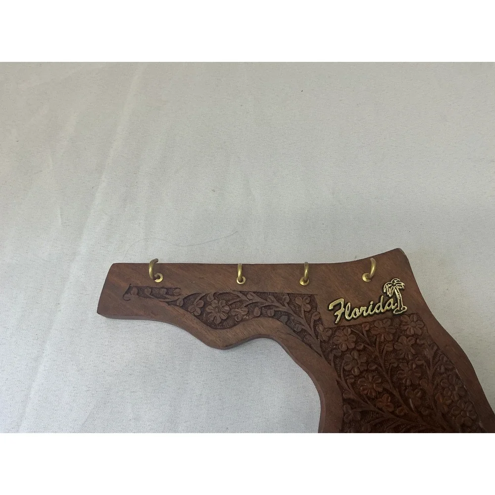 Vintage FL State Shaped Hand Carved Wood Key Holder Wall Decor 4 Hooks India